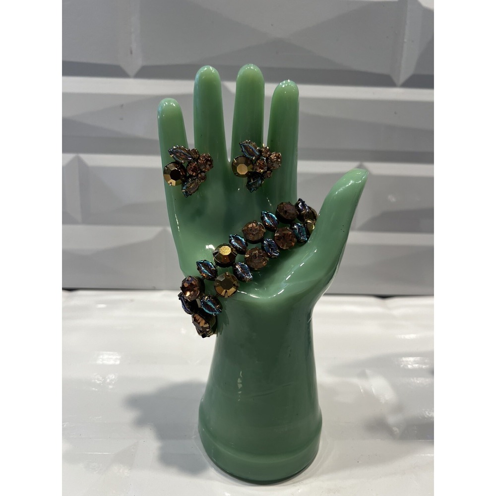 Vtg RARE 50's Signed REGENCY Gold Topaz‎ Rhinestone Leaves Bracelet & Earrings